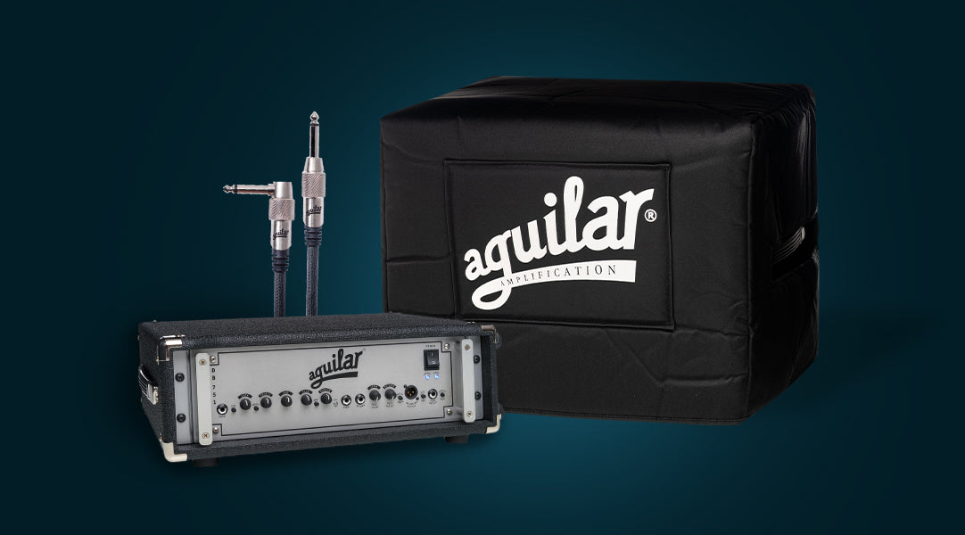 aguilar bass amp with cabinet cover and cable on a cool background